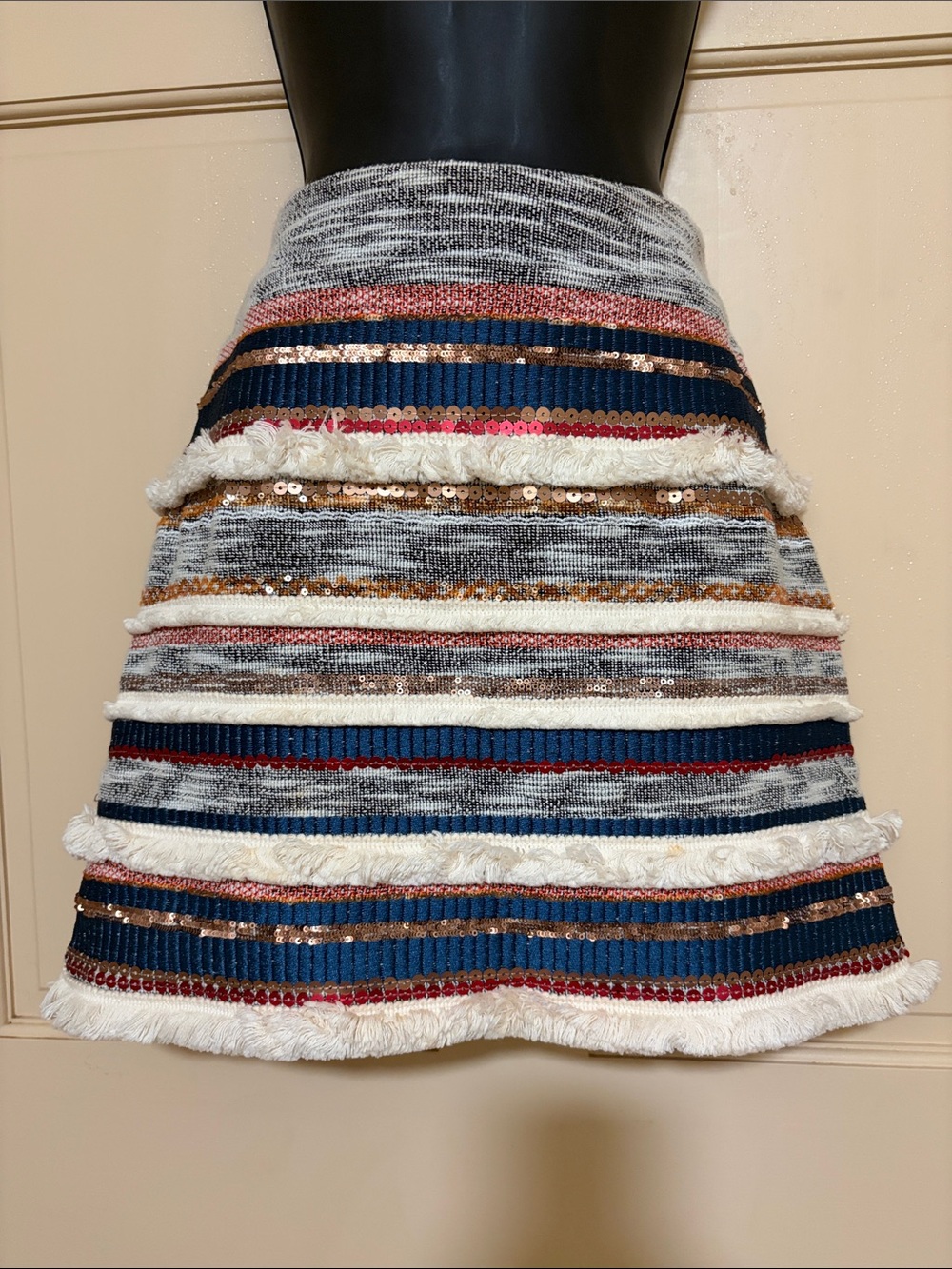 Moulinette Soeurs Anthropologie - White, Rose & Gold Fringe Sequin Skirt